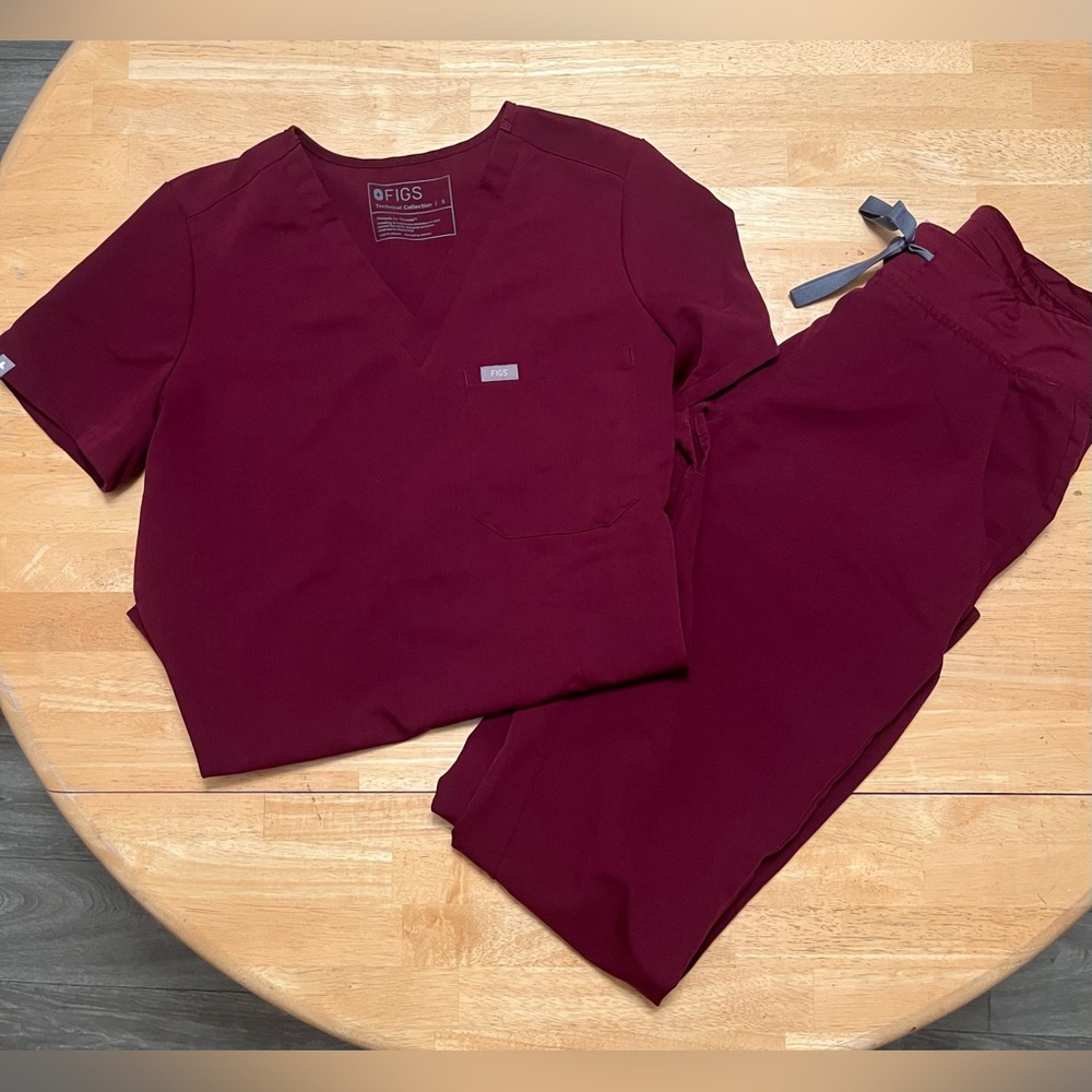Figs set Maroon Scrubs with Gray Ties